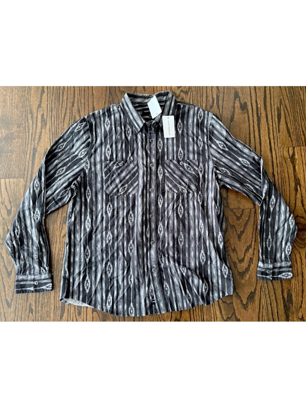 Lucky Brand Mason Men's Large Patterned Cotton Button Up Shirt Black White NWT